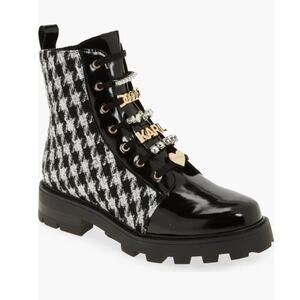 Karl Lagerfeld Black Patent & Houndstooth Combat Boot with Gold Hardware